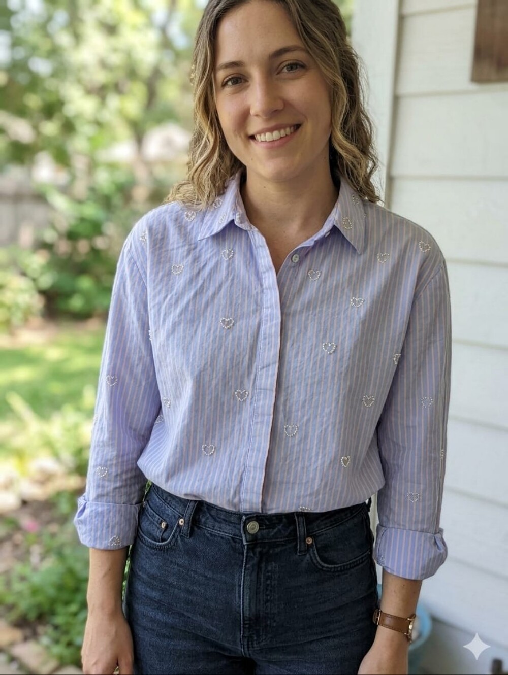 Modern Works Striped Heart Rhinestone Button Down Shirt Medium